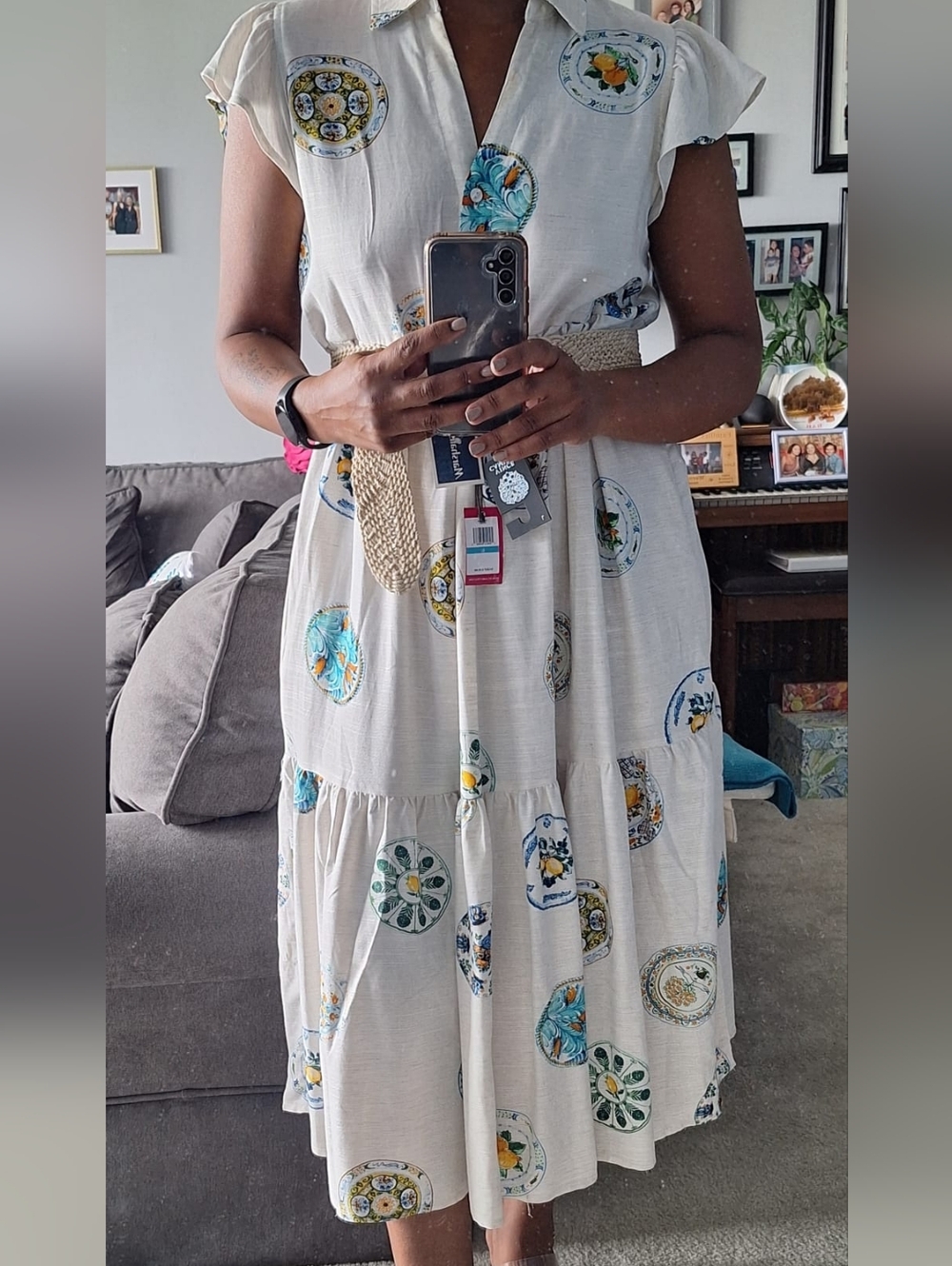 Jane and Delancey Cream Midi Dress with Blue, Yellow and Green Medallions